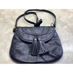 State and Lake Black Vegan leather Shoulder Bag with Tassels on Front Bag Flap